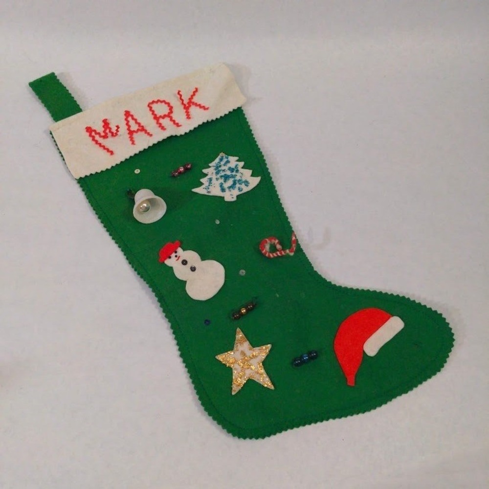 Vintage Handmade Green Felt Christmas Stocking Mark Snowman Star Bell